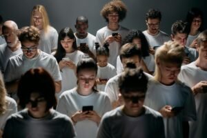 People on their phones illustrating the dopamine trap